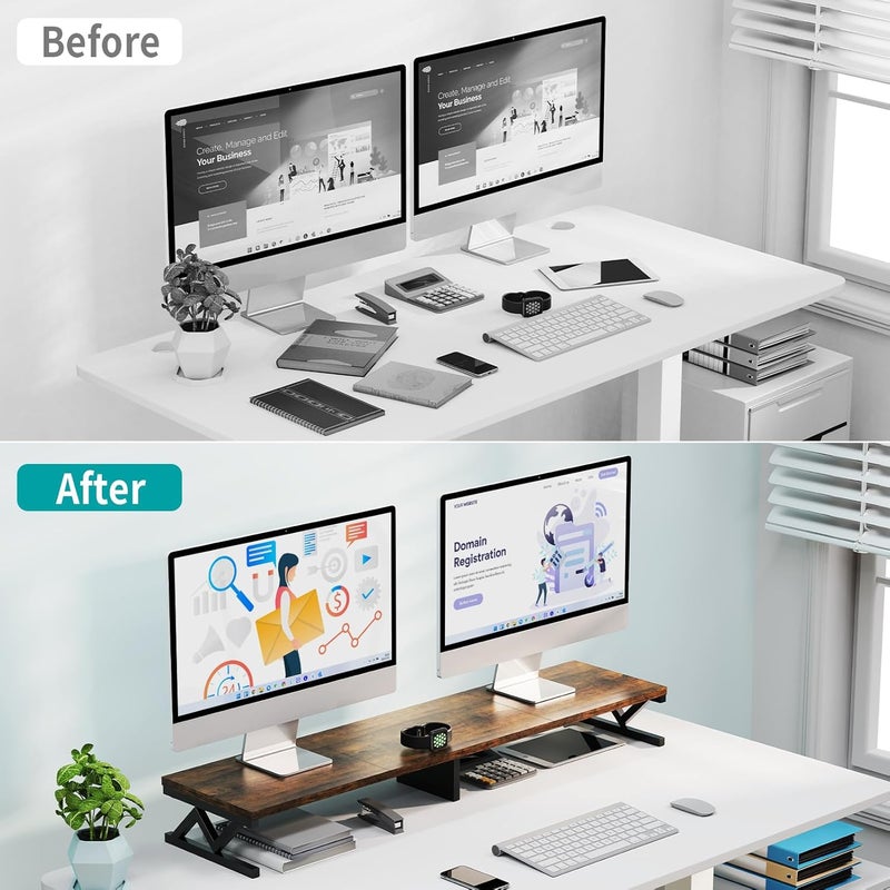ErgoFocus Dual Monitor Stand Riser, Large Wood Monitor Riser for 2 Monitors, Monitor Lift with Storage for Desk, Sturdy Wood&Steel Multi Screen Stand, Desktop Organizer Monitor Stand for Computer - Image 4